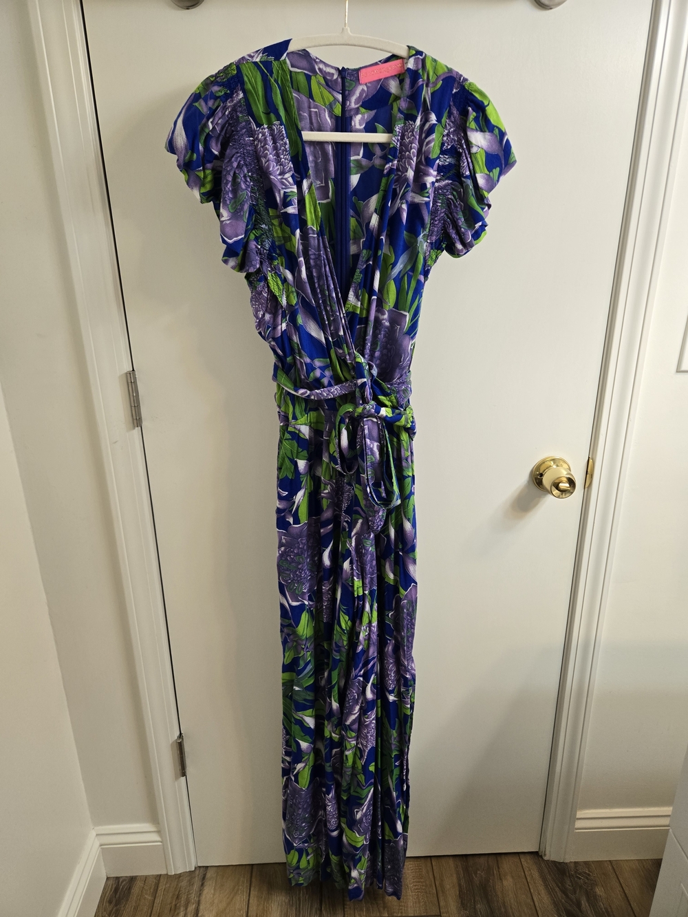 Floral Purple & Green Wrap Jumpsuit with Tie Belt